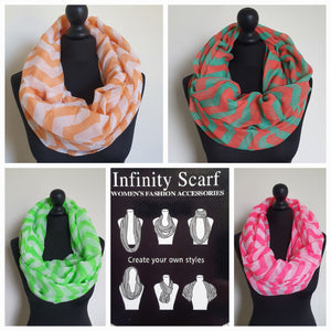 Colourful zig zag stripe infinity scarves