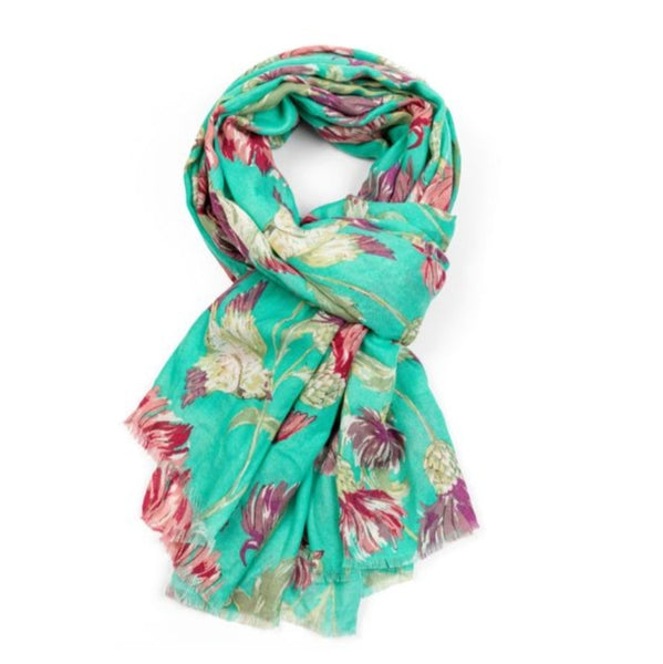 Turquoise Thistle & bird scarf 