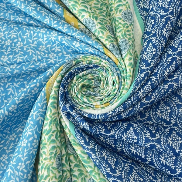 Blue Floral Stripe Tassel Scarf