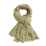 Olive scarf with hedgehogs, toadstools & leaves