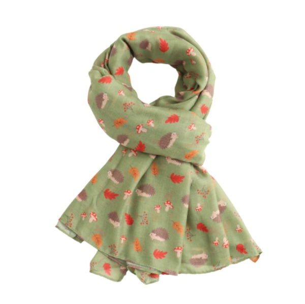 Olive scarf with hedgehogs, toadstools & leaves