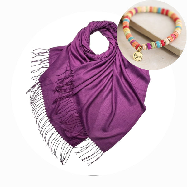Purple pashmina & multicoloured beaded bracelet set