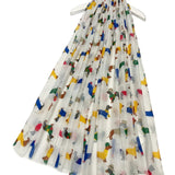 Sausage dogs in colourful funky jumpers on a white scarf