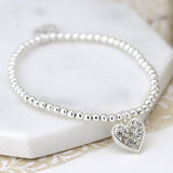 Silver beaded bracelet with crystal heart