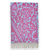 Fuchsia pink leopard print hearts on an ocean blue scarf with tassels