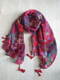 Vibrant Pink Patchwork Print Tassel Scarf