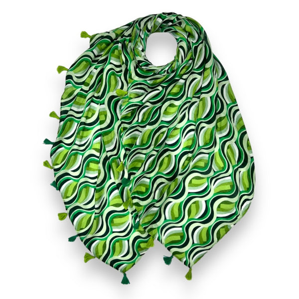 Green Retro Swirl Scarf with Tassels