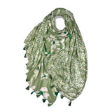 Pretty daisies on a green scarf with tassels