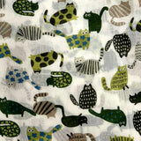 Pattern of cartoon cats in green on a white background