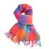 Multi coloured vibrant plaid checked scarf with tassels