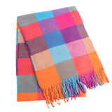 Multi coloured vibrant plaid checked scarf with tassels