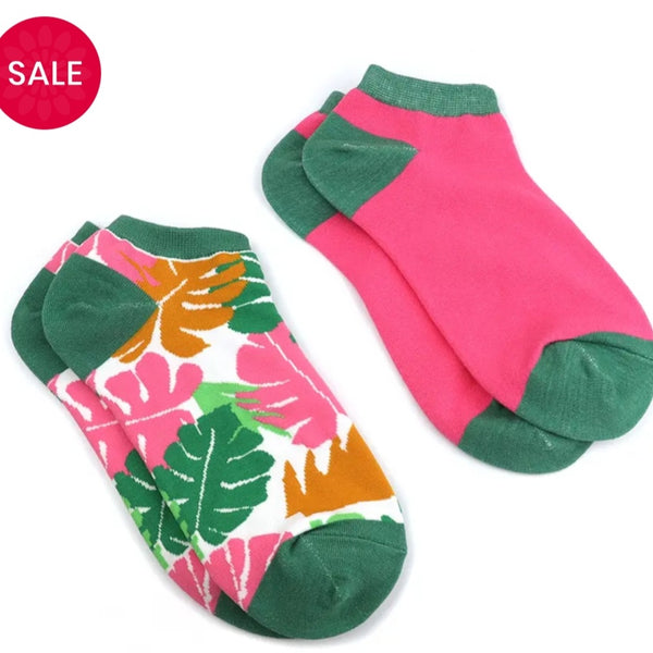 Pink & Green Monstera Leaf Sock Duo. One pair monstera leaf & one pair plain.