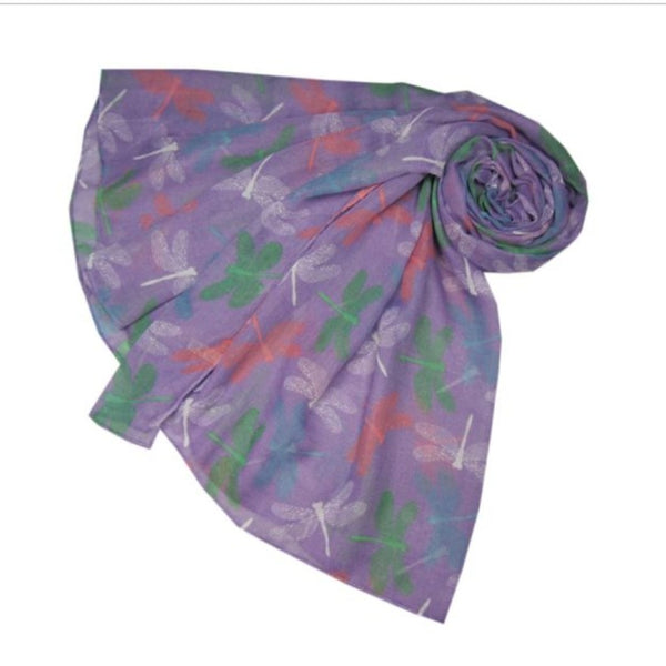 Green coral bule & white dragonflies on a lavender scarf