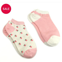 Pink & cream strawberry trainer sock duo. One strawberry pair & one plain pair.