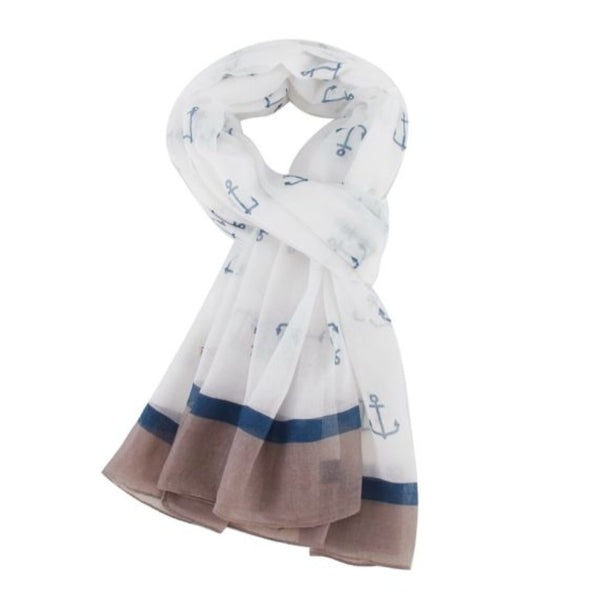 Blue anchors on a white scarf with a brown & blue band around the bottom