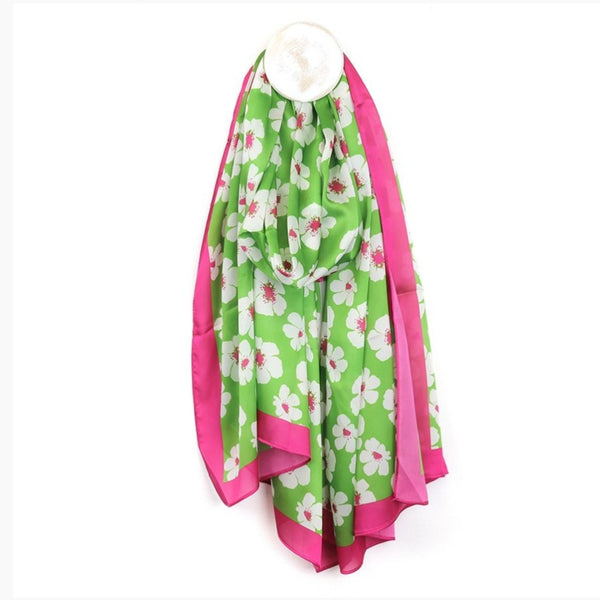 Silky Green & Pink Pansy Scarf
