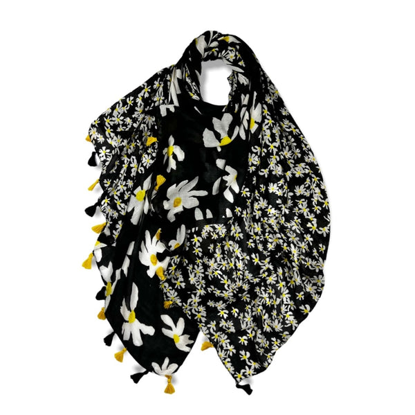 Pretty daisies on a black scarf with tassels