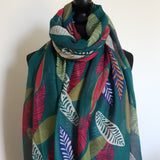 Teal Green Patterned Leaf Scarf