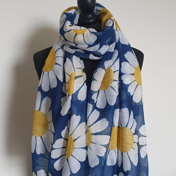 Large pretty white daisies on a blue scarf