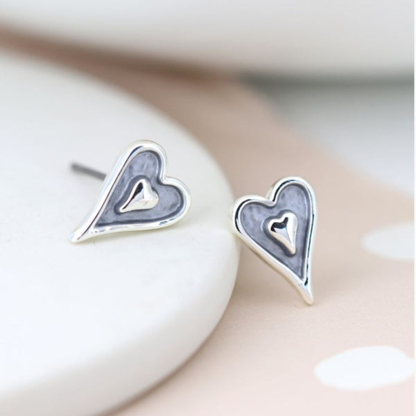 Silver plated heart earings with a grey enamel inset