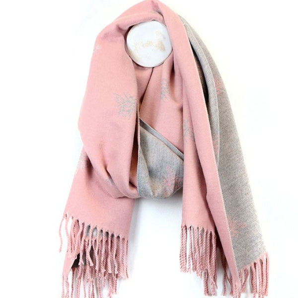 Supersoft reversible pink & grey bee scarf with tassels